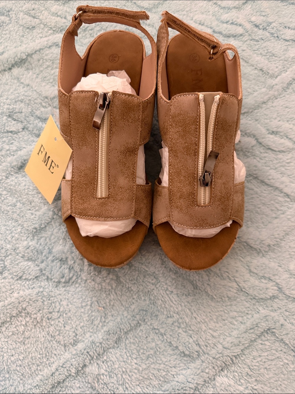 Women’s summer Zip Front wedge sandals.  Cork platform heel.